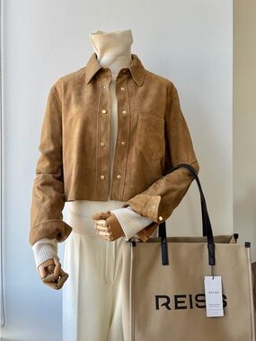 REISS  Connie Suede Press-Stud Cropped Shirt in Tan